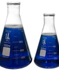 1000ml and 500ml flasks from Five Piece Narrow Mouth Erlenmeyer Flask Set in Borosilicate 3.3 Glass with colored liquid