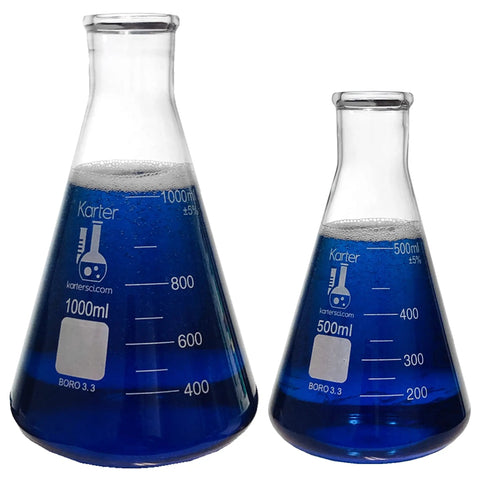 1000ml and 500ml flasks from Five Piece Narrow Mouth Erlenmeyer Flask Set in Borosilicate 3.3 Glass with colored liquid