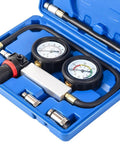 Cylinder leak-down tester kit with dual gauges in blue case; includes pressure regulator and spark plug adapters M10–M18