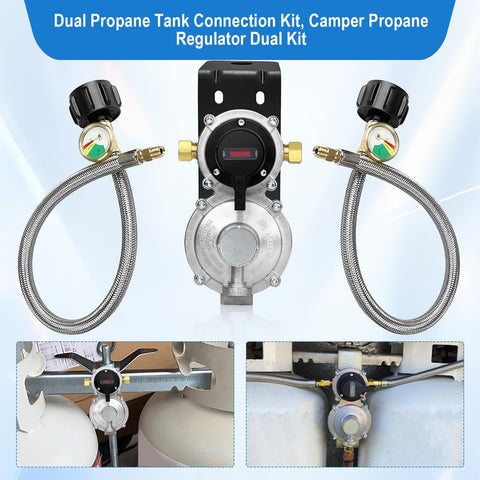 Two Tank Propane Regulator Kit With Auto Changeover And Two Hose Set That Keeps Your Camper Running Smooth LP Gas Regulator Two Stage Includes Propane Tank Gauge Durable Brass Fittings For Camper And Trailer Gas Systems