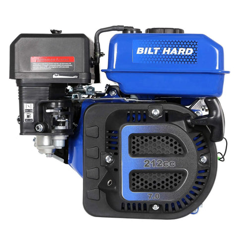 Side view of blue 7HP Gas Engine Horizontal Shaft Replacement Motor, 212cc 4 Stroke OHV Industrial Grade, 3/4 Inch Shaft Diameter