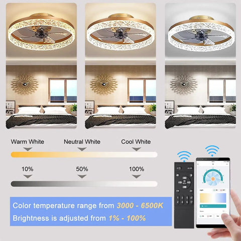 19.7 Inch Flush Mount Ceiling Fan With Lights Chandelier Style Remote Control Dimmable LED 3 Color Temperature display