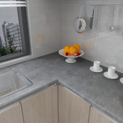 Modern kitchen with Dope Dark Concrete Wallpaper Peel And Stick Cement Texture on countertop, 31 by 157 inches
