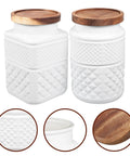 Solid Airtight Glass Food Storage Canisters With Matte White Sealed Lids, geometric design, wood lids, for pantry organization.