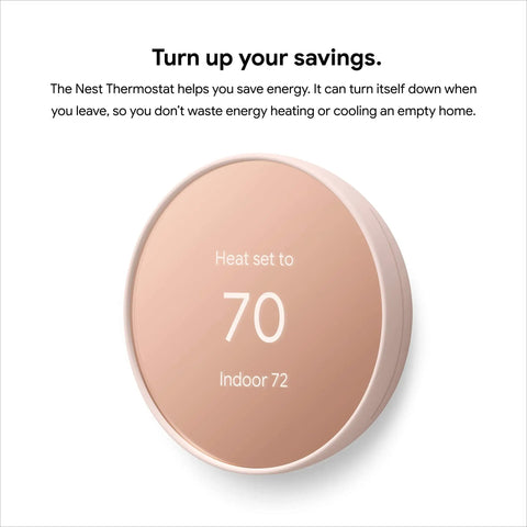 Nest Thermostat Smart WiFi Programmable Thermostat For Home Energy Savings ENERGY STAR Certified in sand finish, set to 70 degrees.
