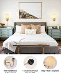 Set of Two Plug in Wall Sconces with On Off Switch Modern Gold Fabric Shade Wall Lamps in bedroom setting with beige shades