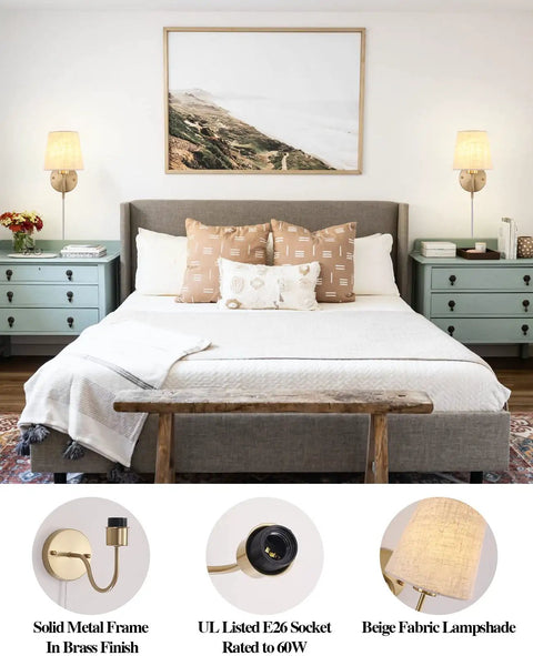 Set of Two Plug in Wall Sconces with On Off Switch Modern Gold Fabric Shade Wall Lamps in bedroom setting with beige shades