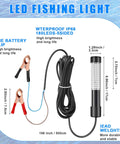 Two Pack 12V 10W Green Underwater Fishing Light Submersible LED Lure with dimensions and battery clip details