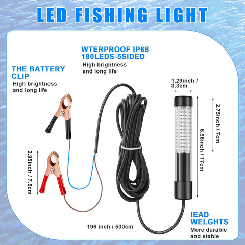 Two Pack 12V 10W Green Underwater Fishing Light Submersible LED Lure with dimensions and battery clip details