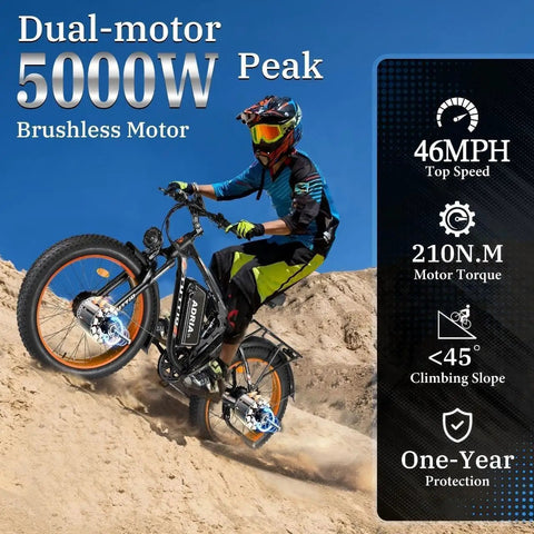 Kickass 5000W Dual Motor Electric Bike For Adults climbing steep hill with 26 inch fat tires and powerful dual motors.