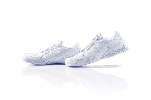Stellarlyte Women's Cheer Shoe White Size 8.5 for Competition and Sideline Game Day with enhanced foot strike, side view.