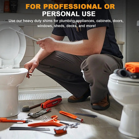 Person using Bulletproof Black Composite Shims For Leveling Heavy Duty Plastic Furniture Levelers and Table Wedges near a toilet.
