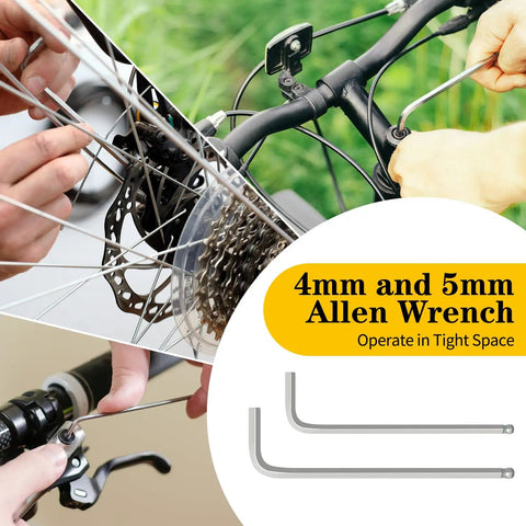 Close-up of 4mm and 5mm Allen wrenches in use, part of All In One Bike Repair Kit With Mini Pump And 16 In 1 Multitool, Tire Levers