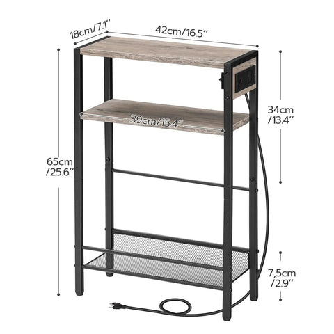 Slim Narrow Side Table With Charging Station And USB Ports Type C Space Saver For Small Spaces Sofa Beside Table With Storage Shelf In Greige And Black Compact Nightstand For Bedside Or Living Room showing dimensions.