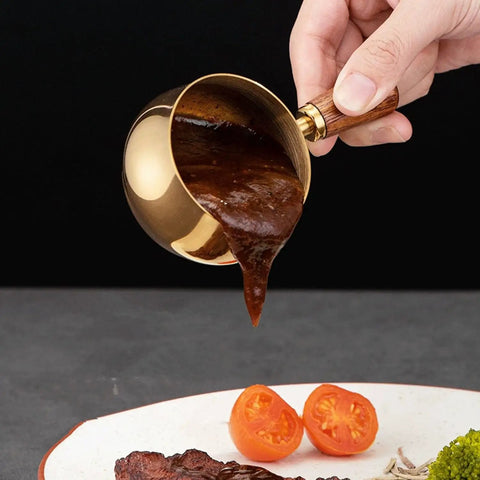 Stainless Steel Espresso Measuring Cup 6 Oz 180 Ml With Wooden Handle And V Shaped Spout For Brewing Espresso Measuring Sauces Reheating Soup And Heating Milk Gold Finish Durable 304 Grade Kitchen Tool pouring sauce