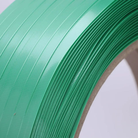 Close-up of Rock-Solid 5/8" x 0.031" x 3773' PET Strapping Roll, showcasing the green polyester strapping surface.