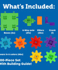 Gears 100-Piece Deluxe Building Set For STEM Fun showing bases, axles, pillars, crank, and colorful gears.