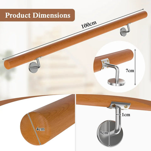 Heavy Duty Beech Wood Stair Handrail 100 Cm Super Grippy Round Safety Grab Bar dimensions with 4cm grip and mounting details.