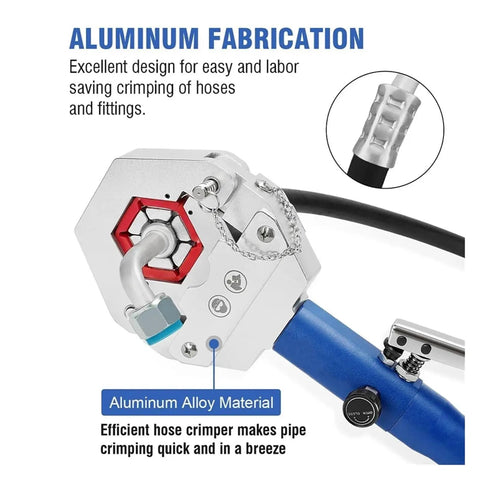 Heavy Duty Hydraulic Crimping Tool Kit With Bench Mount Stand For Hose Repairs, featuring aluminum alloy crimper for quick hose fitting.