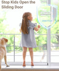 Two Pack Sliding Door Lock Kit For Child Safety And Home Security installed on glass door with child and dog nearby