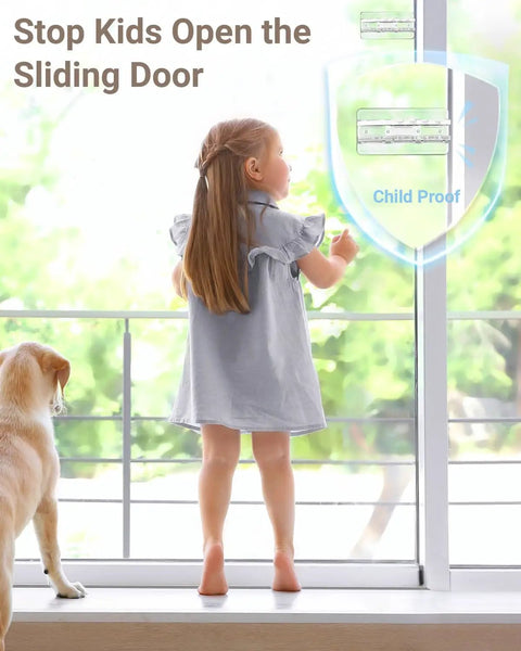 Two Pack Sliding Door Lock Kit For Child Safety And Home Security installed on glass door with child and dog nearby