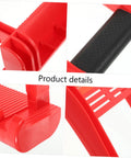 Close-up of Heavy Duty Plasterboard Lifter With Non Slip Handles For Easy Drywall And Plywood Panel Handling Plus Ergonomic Design To Save Your Back From Labor detailing red plastic parts and textured grip.