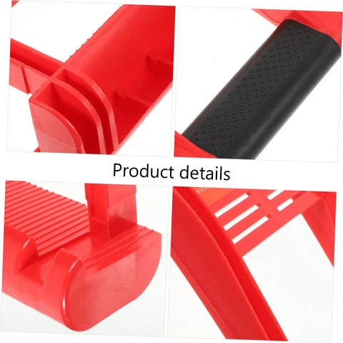 Close-up of Heavy Duty Plasterboard Lifter With Non Slip Handles For Easy Drywall And Plywood Panel Handling Plus Ergonomic Design To Save Your Back From Labor detailing red plastic parts and textured grip.
