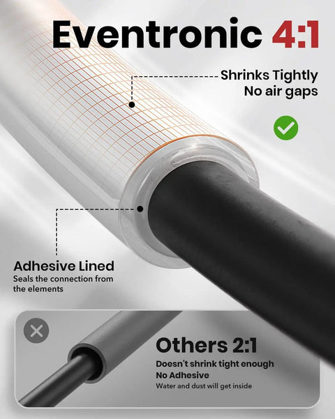 Comparison of Eventronic 4 to 1 adhesive lined heat shrink tubing and others 2 to 1 with Pro Grade 4 to 1 Heat Shrink Tubing Kit.