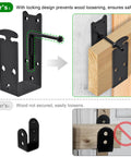 Heavy Duty 2x4 Door Barricade Brackets With Locking U Shaped Bar Holder Secure 2x4 Lumber For Home Garage Or Gate Security Reinforcement Beefed Up Double Lock Design 2 Pack installed view showing secured wood