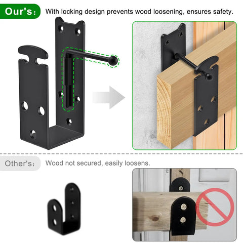 Heavy Duty 2x4 Door Barricade Brackets With Locking U Shaped Bar Holder Secure 2x4 Lumber For Home Garage Or Gate Security Reinforcement Beefed Up Double Lock Design 2 Pack installed view showing secured wood