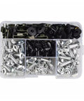 Universal Motorcycle Bolt Kit With Washers Nuts And Screws, hardware assortment in plastic case with silver and black fasteners