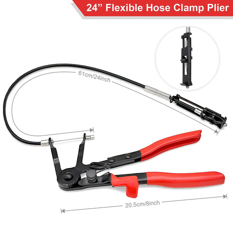 24-inch flexible hose clamp plier with red handles visible for auto cooling system radiator heater and water hose remover kit.