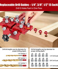 Close-up view of Professional Dowel Jig Kit With Secure Position Stop And Heavy Clamp for drilling 1/4, 3/8, 1/2 inch holes.
