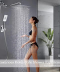 Woman enjoying Big 10 Inch Square Rain Shower Head With Handheld Spray, High Pressure Rainfall, 11 Inch Extension Arm, Chrome Finish.