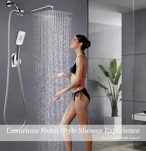 Woman enjoying Big 10 Inch Square Rain Shower Head With Handheld Spray, High Pressure Rainfall, 11 Inch Extension Arm, Chrome Finish.