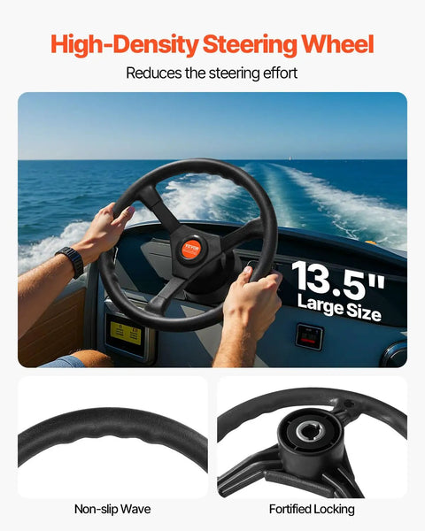 Heavy Duty Boat Steering System Kit With 12 Ft Steering Cable And 13.5 Inch Wheel, hands on wheel, ocean view