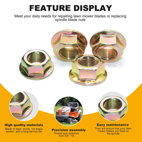Heavy Duty Hex Flanged Spindle Blade Nuts Engineered For Slick Hella Smooth Operation On Cub Cadet Mtd Toro And Troy Bilt Zero Turn Mowers Providing Killer 5/8 Inch 18 Thread Fitment Two Pack, four nuts displayed.