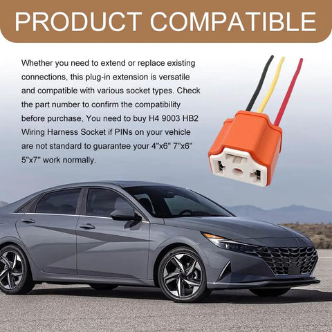 Heavy Duty 2 Pack H4 9003 HB2 Female Pigtail Socket Wiring Harness Ceramic Headlight Connector Adapter on car with vehicle compatibility info.