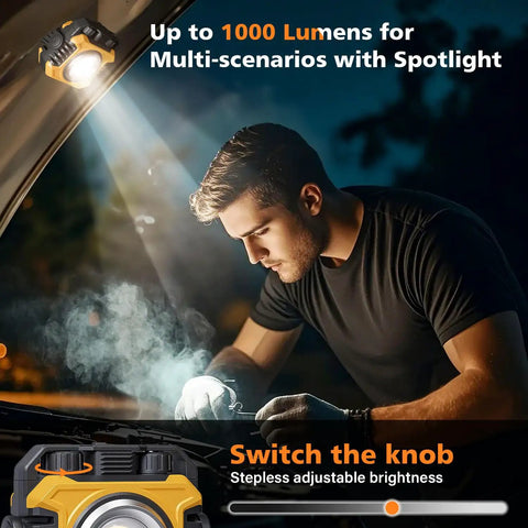 Man using Dual Sided Magnetic Work Light With 2400 Lumens Rechargeable Power Stepless Dimming 2700K To 8000K Color Temperature 360 Degree Rotating Stand And Built In Hook Up To 80 Hours Runtime to work under car hood