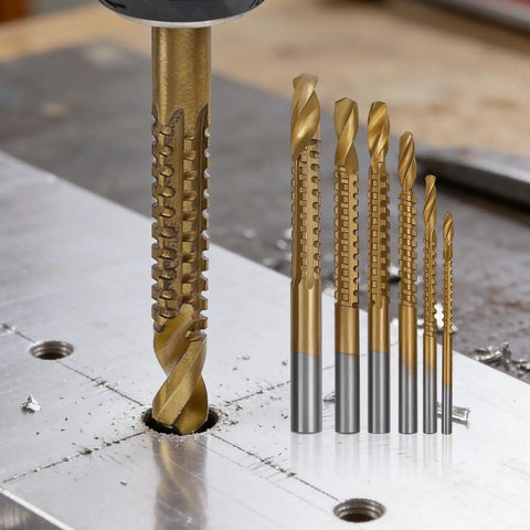 Slick Heavy Duty Three Pack HSS Twist Drill Bit Set Features Serrated Grooving Cutters And Secure Hex Shank Grip For Fast Drilling In Wood Metal Plastic Titanium Steel Works Like A Charm showing drill bits on metal surface.
