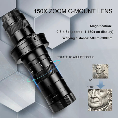 150X zoom lens for Digital Microscope With Large Stable Base Stand For Detailed Inspections, showing magnification scale and focus ring