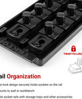 Heavy-Duty Half Inch Drive Deep 6 Point Socket Set With Rails And Tray, 19-Piece, from 3/8 Inch To 1-1/2 Inch twist-lock rails close-up