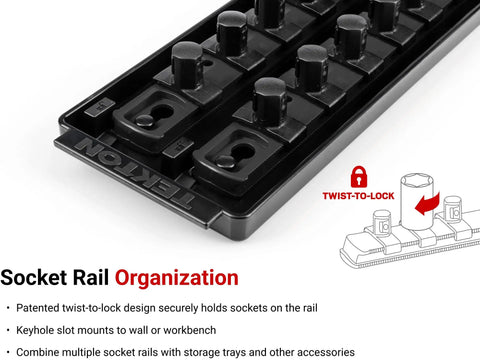 Heavy-Duty Half Inch Drive Deep 6 Point Socket Set With Rails And Tray, 19-Piece, from 3/8 Inch To 1-1/2 Inch twist-lock rails close-up