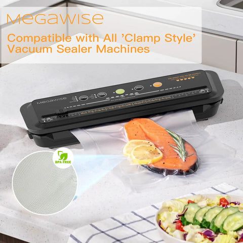 Heavy Duty Vacuum Sealer Bags 8x12 Inches 110 Count For Food Freshness BPA Free Storage with salmon inside on counter