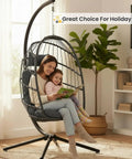 Comfy Hanging Egg Chair With Stand For Indoor Outdoor Use Wicker Patio Swing Chair With Cushions And Headrest Supports Up To 350 Pounds