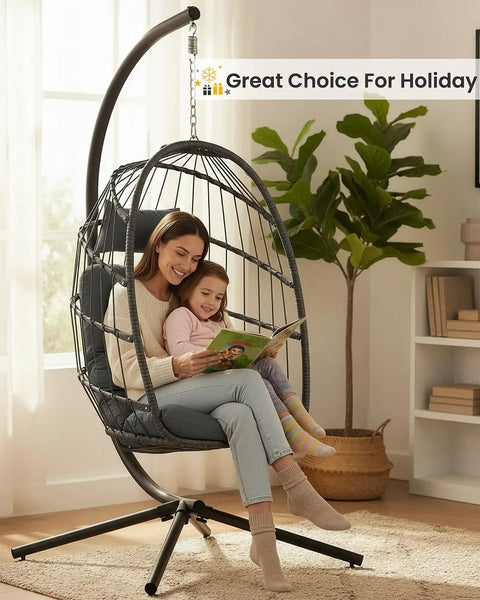 Comfy Hanging Egg Chair With Stand For Indoor Outdoor Use Wicker Patio Swing Chair With Cushions And Headrest Supports Up To 350 Pounds