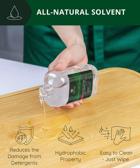 Person pouring Food Grade Mineral Oil For Bamboo And Wooden Cutting Boards And Kitchen Utensils Nourishing Oil onto bamboo board.
