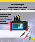 No Sweat Mini Three Phase Power Quality Analyzer With Four PC Current Clamps And Usb Logging For Precise Harmonic Diagnosis And Heavy Duty Circuit Checks, showing touch color screen and current clamps.