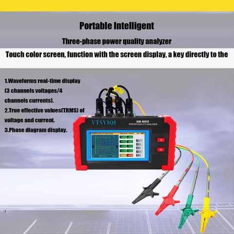 No Sweat Mini Three Phase Power Quality Analyzer With Four PC Current Clamps And Usb Logging For Precise Harmonic Diagnosis And Heavy Duty Circuit Checks, showing touch color screen and current clamps.