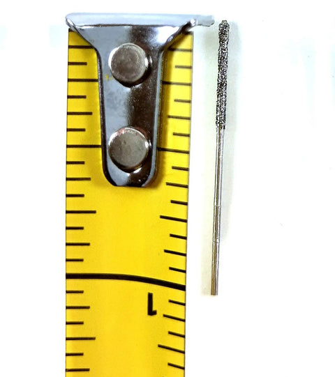 1mm Diamond Drill Bit next to yellow measuring tape, part of 1mm Diamond Drill Bit Set With Collet 20Piece Pro Grade Glass Stone Seashells And Gemstones Drill Bits For Dremel Rotary Tools Jewelry Making And DIY Craft Projects